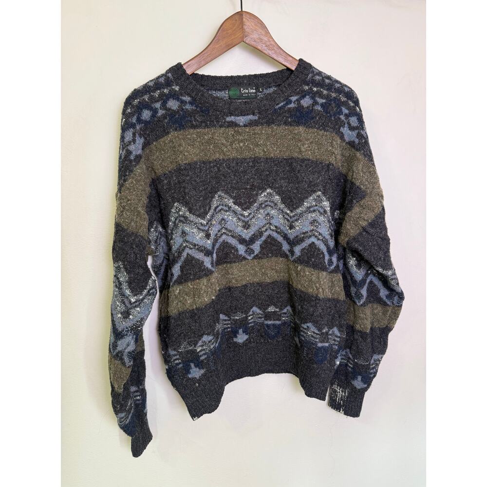 Vintage Tris Line Italy Sweater L Gray Blue Geometric Wool Blend Retro Knit
